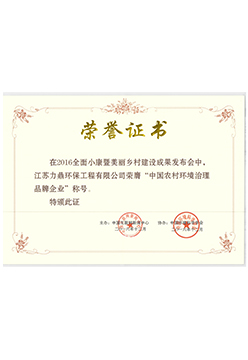 中國(guó)農(nóng)村環(huán)境治理品牌企業(yè)榮譽(yù)證書(shū)